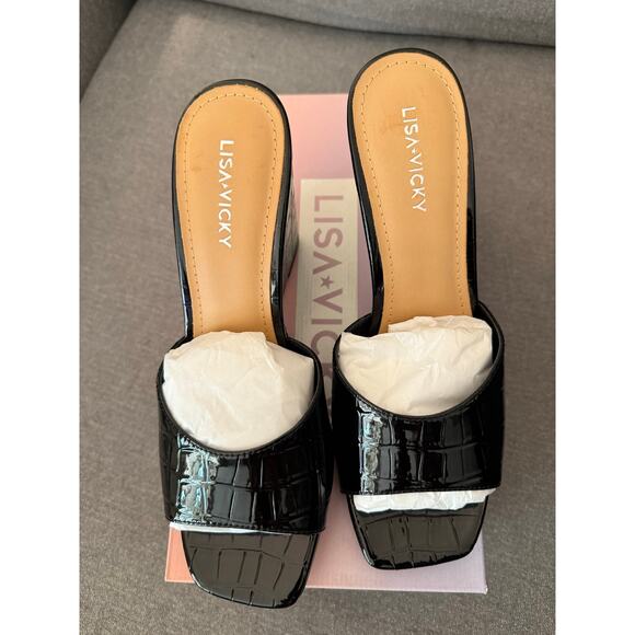 NEW Lisa Vicky Nordstrom‎ Adore-V Croco Wedge Sandals Black Patent Leather 7 - Picture 1 of 7